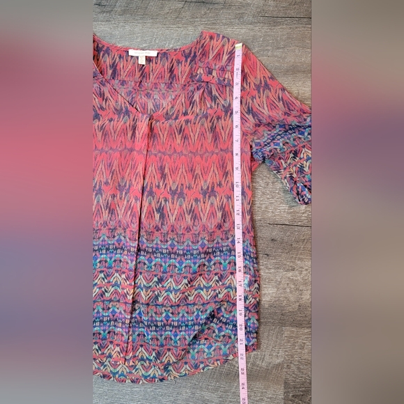 Skies are Blue Sheer Blouse Women's S Petie Multi-colored Abstract Short Sleeved - Picture 11 of 12